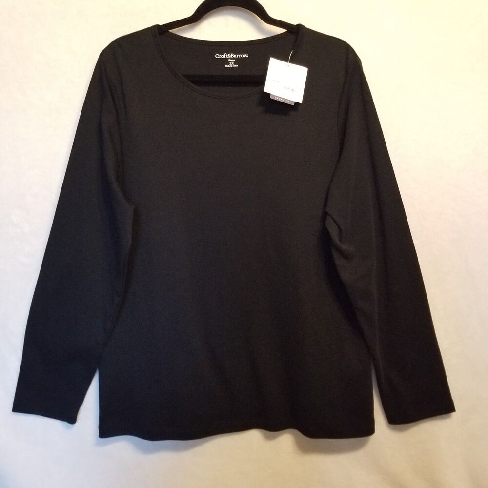 Croft & Barrow 1X T Shirt 100% Pima Cotton Long Sleeve Black Elevated Basic NEW